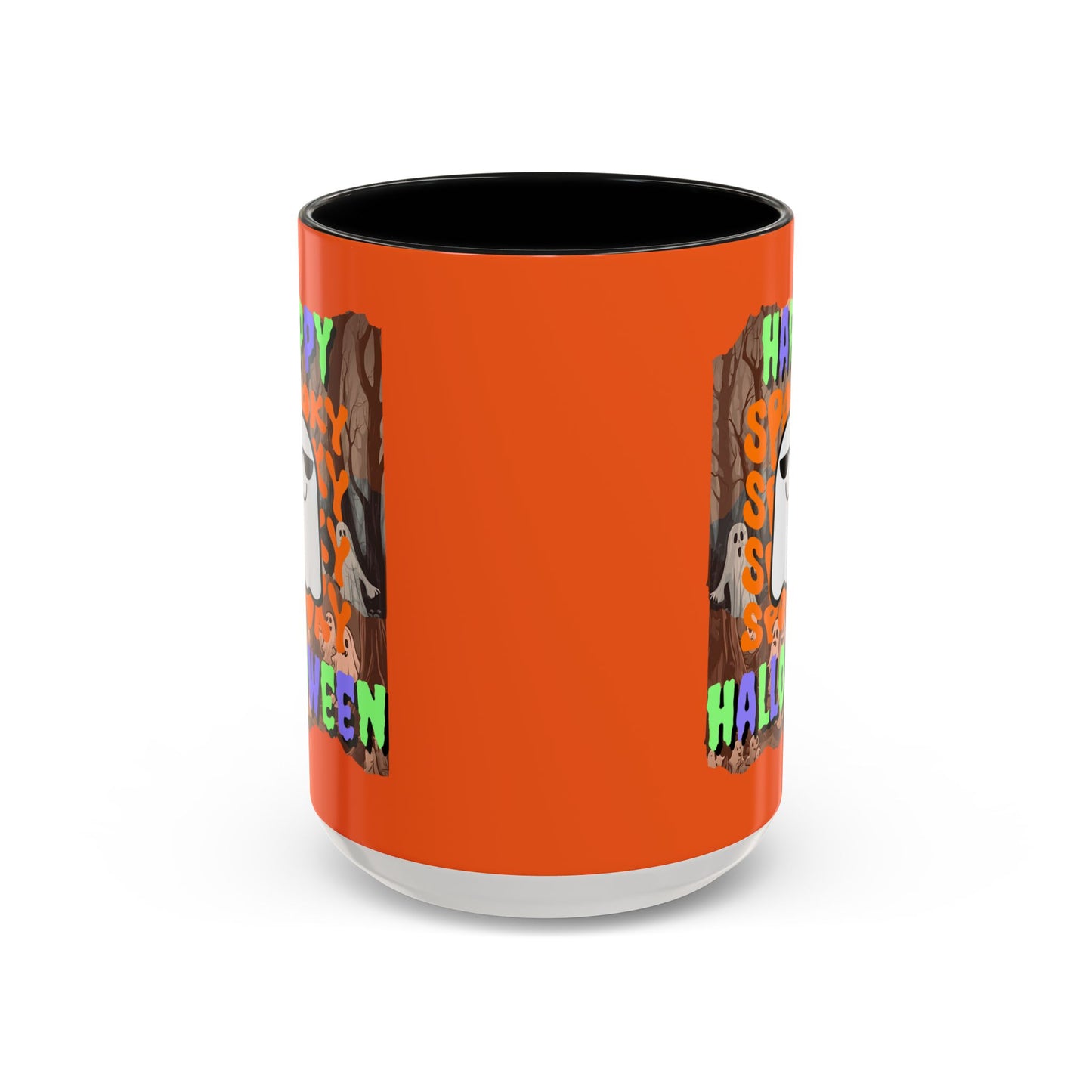 Spooky Happy Halloween Ghost Mixed font Orange Accent Mug by CreepyCrafts.boo