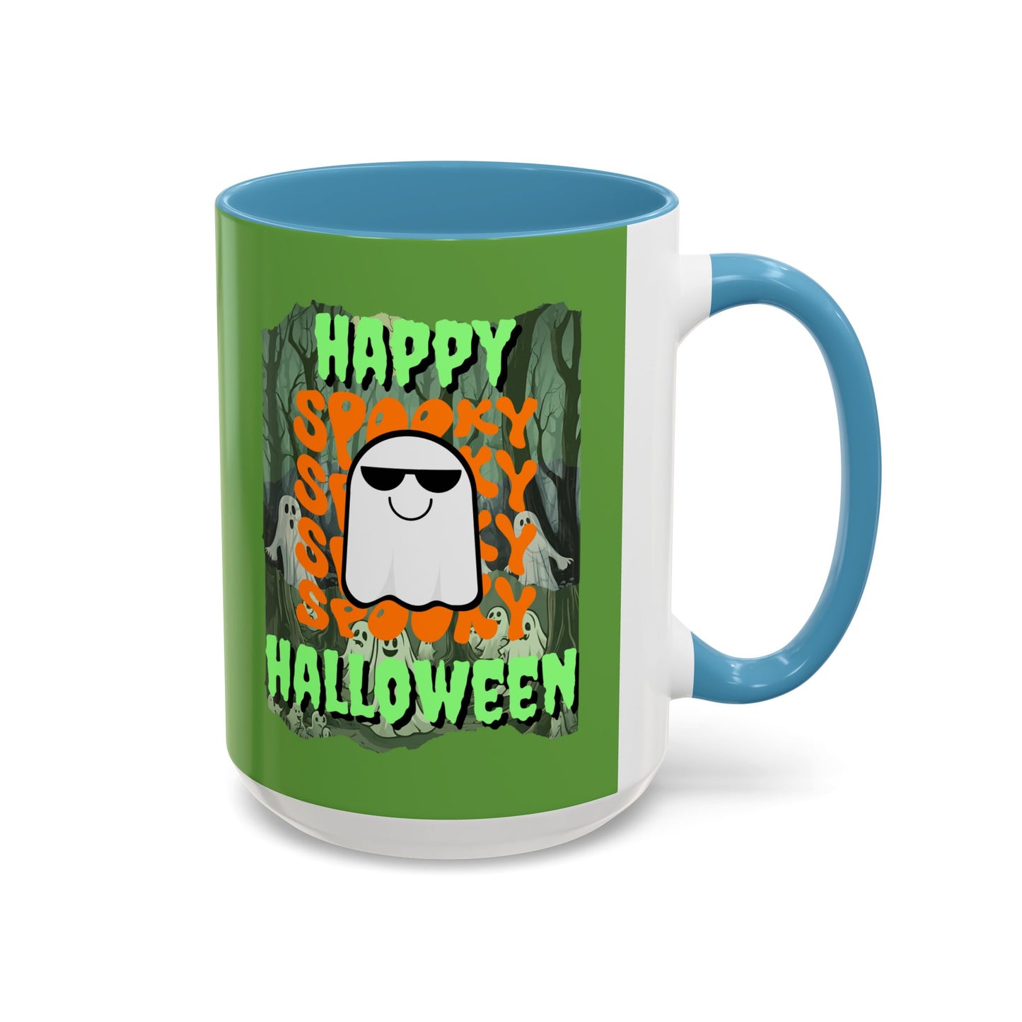 Spooky Happy Halloween Ghost Green font Green Accent Mug by CreepyCrafts.boo