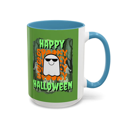 Spooky Happy Halloween Ghost Green font Green Accent Mug by CreepyCrafts.boo