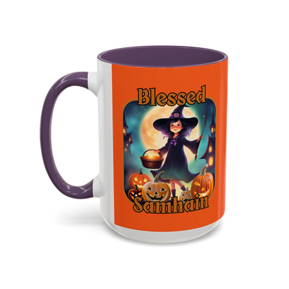 Blessed Samhain Little Witch Orange font Orange Accent Mug by CreepyCrafts.boo