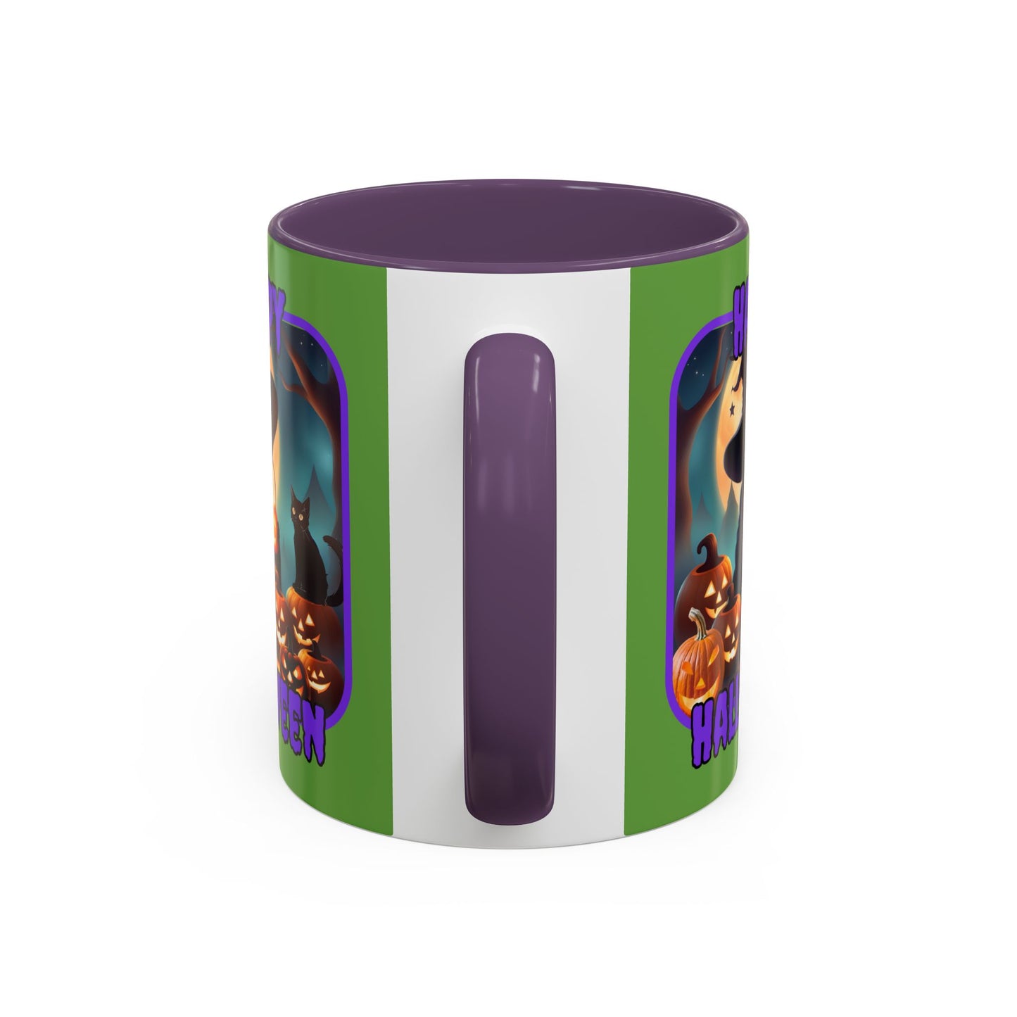Happy Halloween Cute Witch Purple font Green Accent Mug by CreepyCrafts.boo