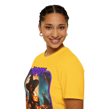 Happy Halloween Cute Witch Purple font Light colors Unisex T-Shirt by CreepyCrafts.boo