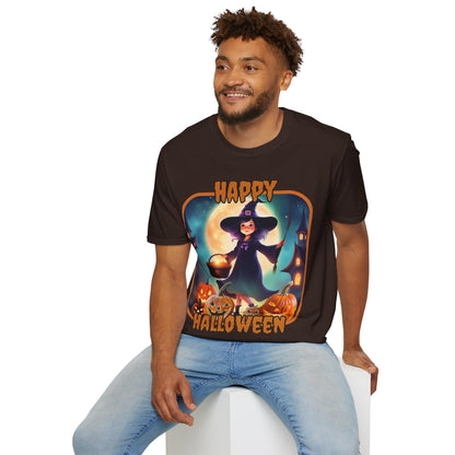 Happy Halloween Little Witch Orange font, Dark colors, Unisex T-Shirt by CreepyCrafts.boo