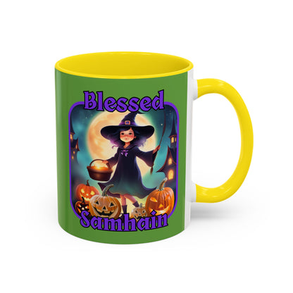 Blessed Samhain Little Witch Purple font Green Accent Mug by CreepyCrafts.boo