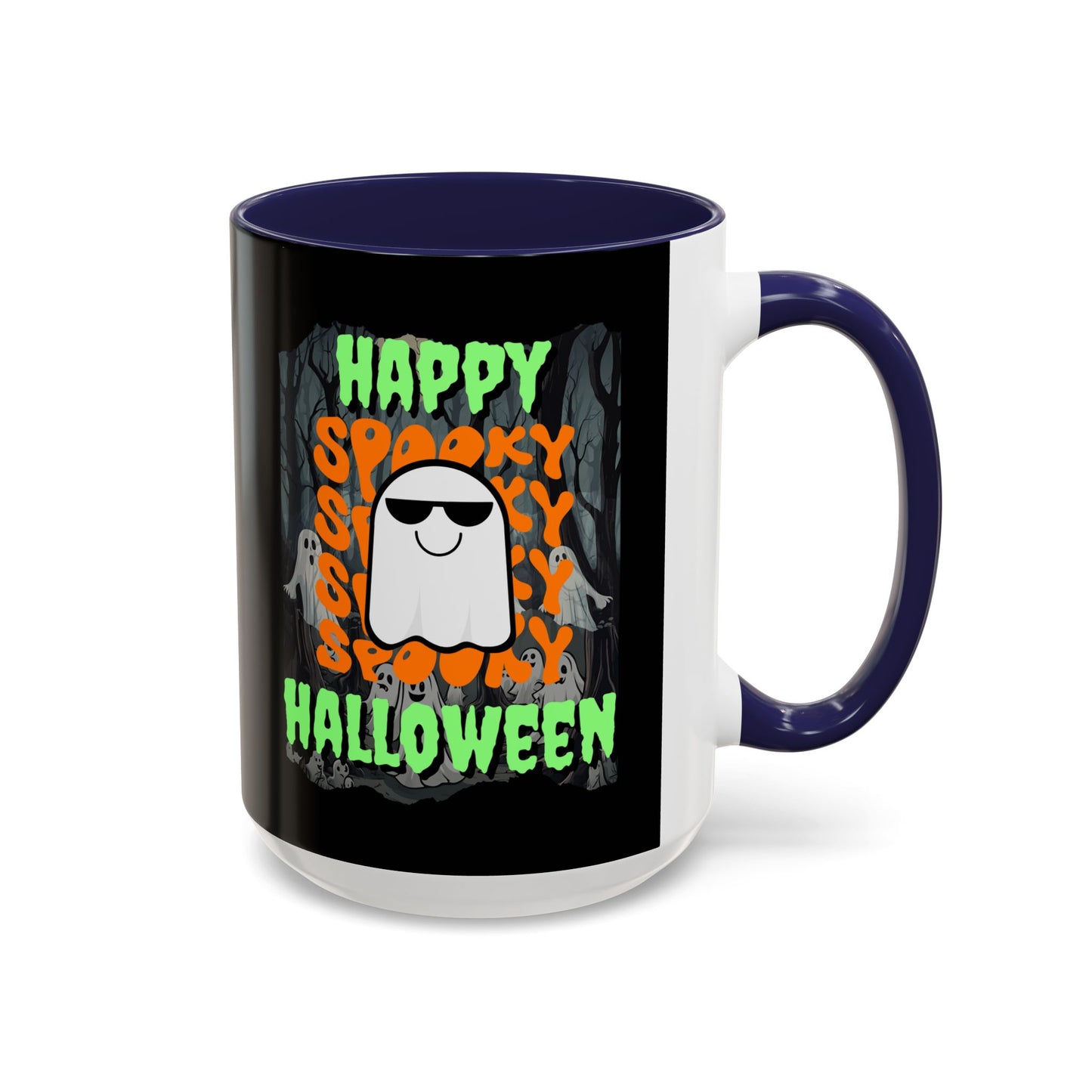 Spooky Happy Halloween Ghost Green font Black Accent Mug by CreepyCrafts.boo