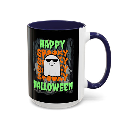 Spooky Happy Halloween Ghost Green font Black Accent Mug by CreepyCrafts.boo