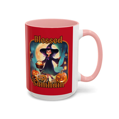 Blessed Samhain Little Witch Orange font Red Accent Mug by CreepyCrafts.boo