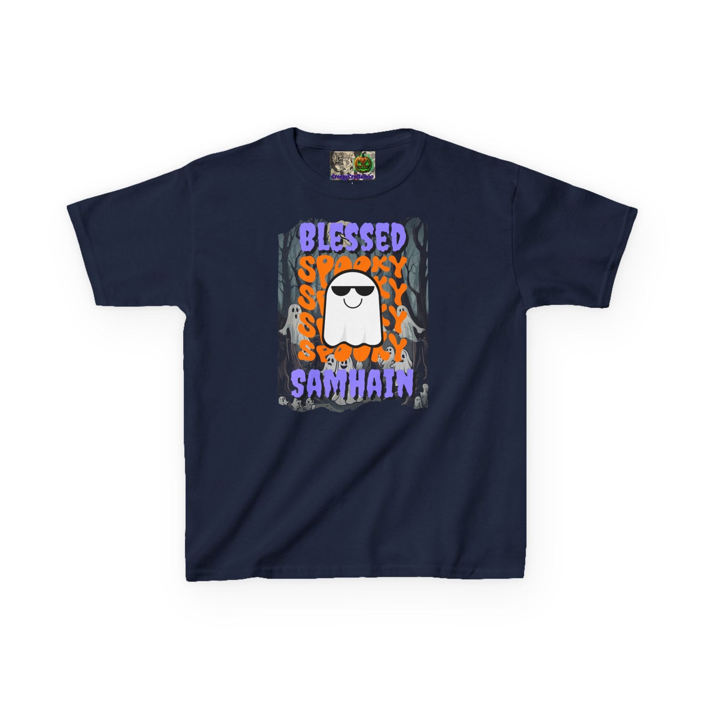 Spooky Blessed Samhain Ghost Purple font Kids Heavy Cotton™ Tee by CreepyCrafts.boo