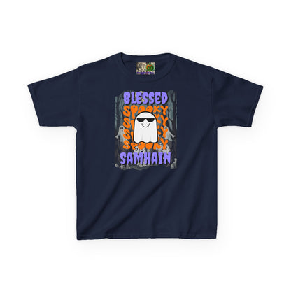 Spooky Blessed Samhain Ghost Purple font Kids Heavy Cotton™ Tee by CreepyCrafts.boo
