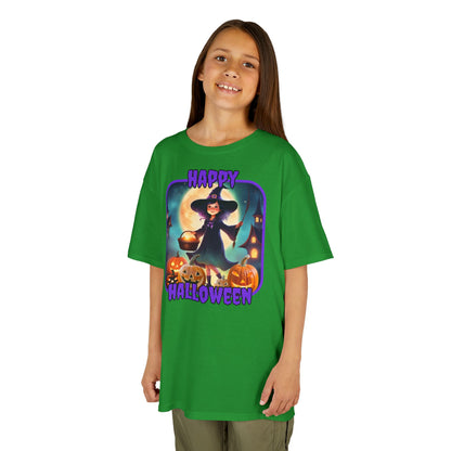 Happy Halloween Little Witch Purple font Kids Heavy Cotton™ Tee by CreepyCrafts.boo