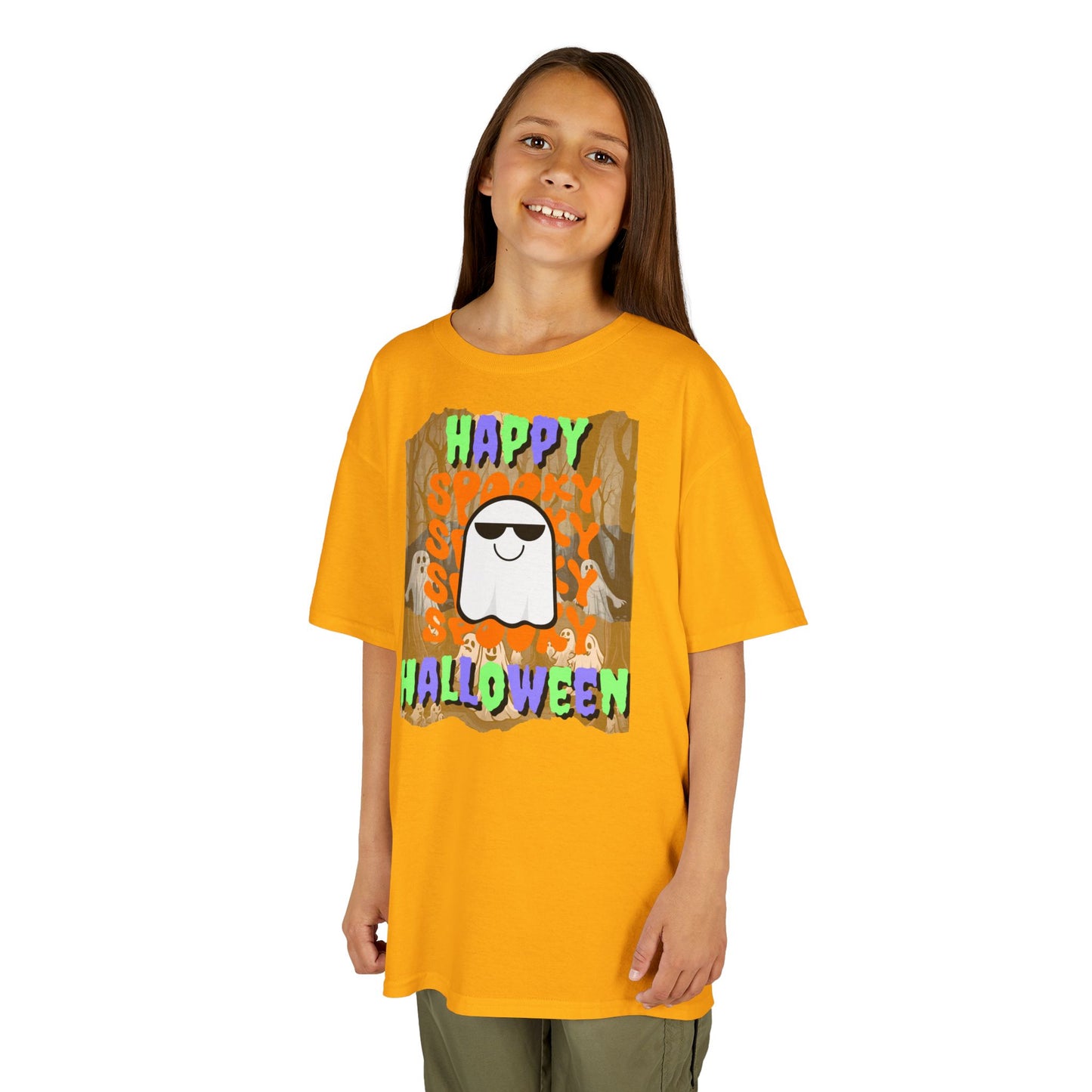 Spooky Happy Halloween Ghost Mixed font Kids Heavy Cotton™ Tee by CreepyCrafts.boo