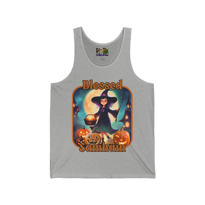 Blessed Samhain Little Witch Orange font Unisex Jersey Tank Top by CreepyCrafts.boo
