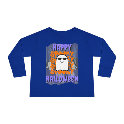 Spooky Happy Halloween Ghost Purple font Toddler Long Sleeve Tee by CreepyCrafts.boo