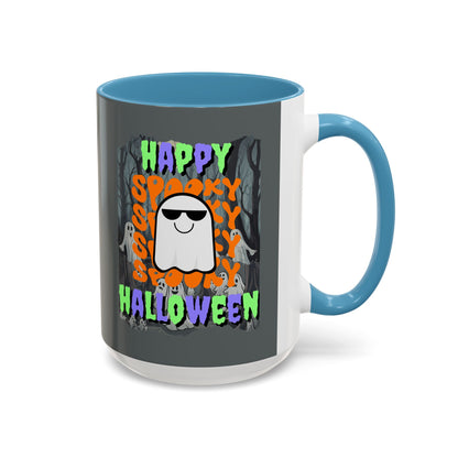 Spooky Happy Halloween Ghost Mixed font Grey Accent Mug by CreepyCrafts.boo
