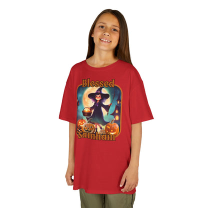 Blessed Samhain Little Witch Orange font Kids Heavy Cotton™ Tee by CreepyCrafts.boo