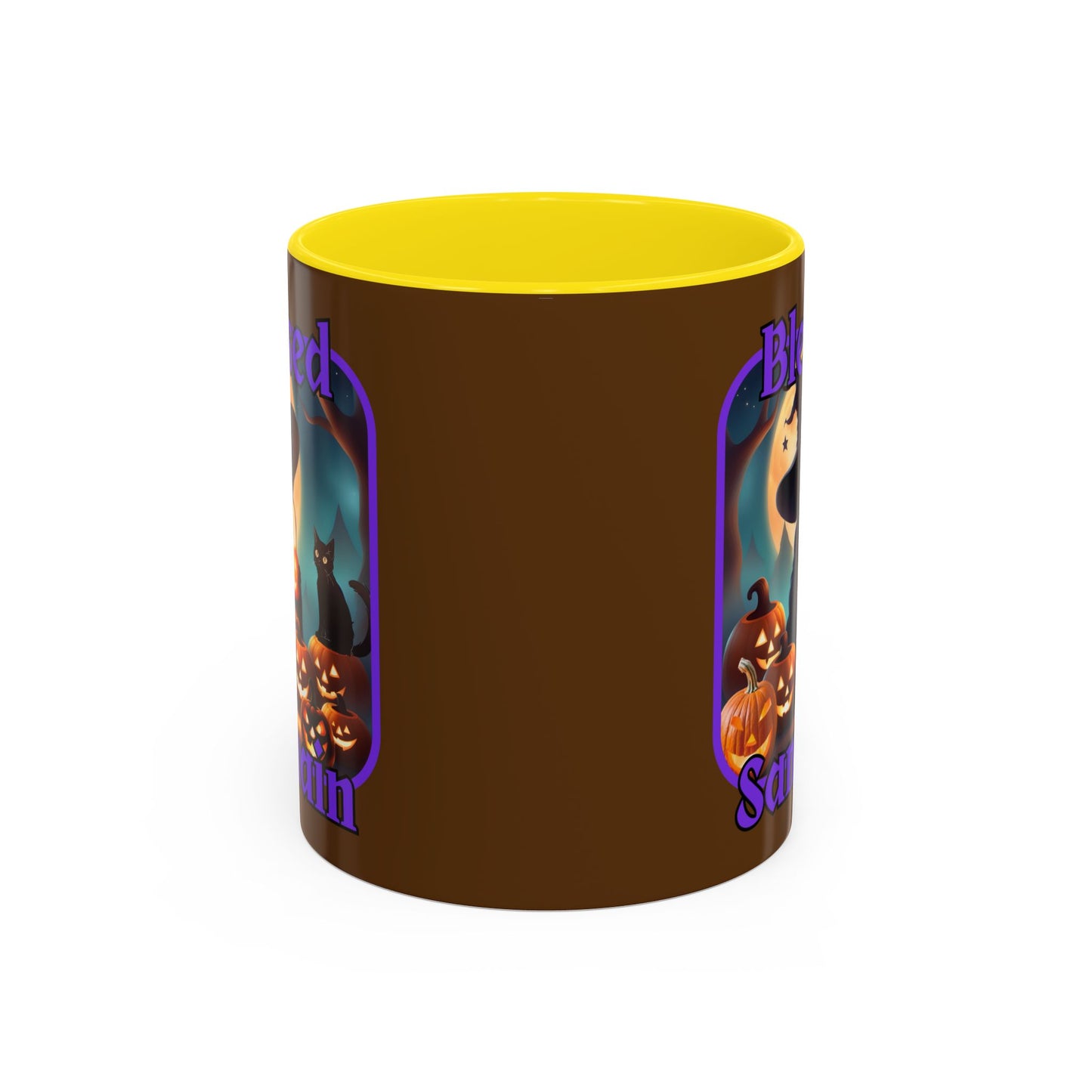 Blessed Samhain Cute Witch Purple font Brown Accent Mug by CreepyCrafts.boo