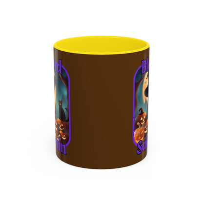 Blessed Samhain Cute Witch Purple font Brown Accent Mug by CreepyCrafts.boo