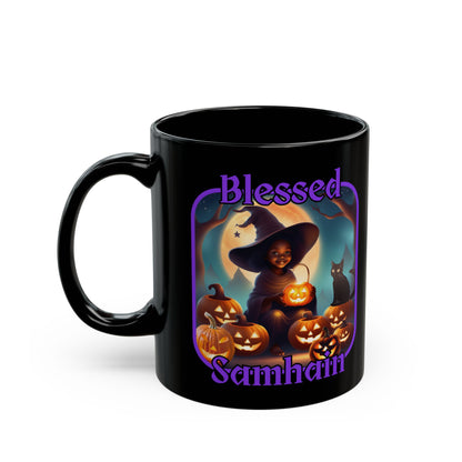 Blessed Samhain Cute Witch Purple font Black Mug by CreepyCrafts.boo