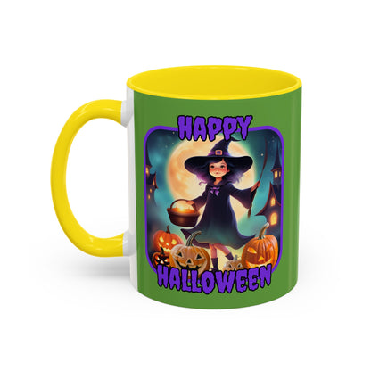 Happy Halloween Little Witch Purple font Green Accent Mug by CreepyCrafts.boo