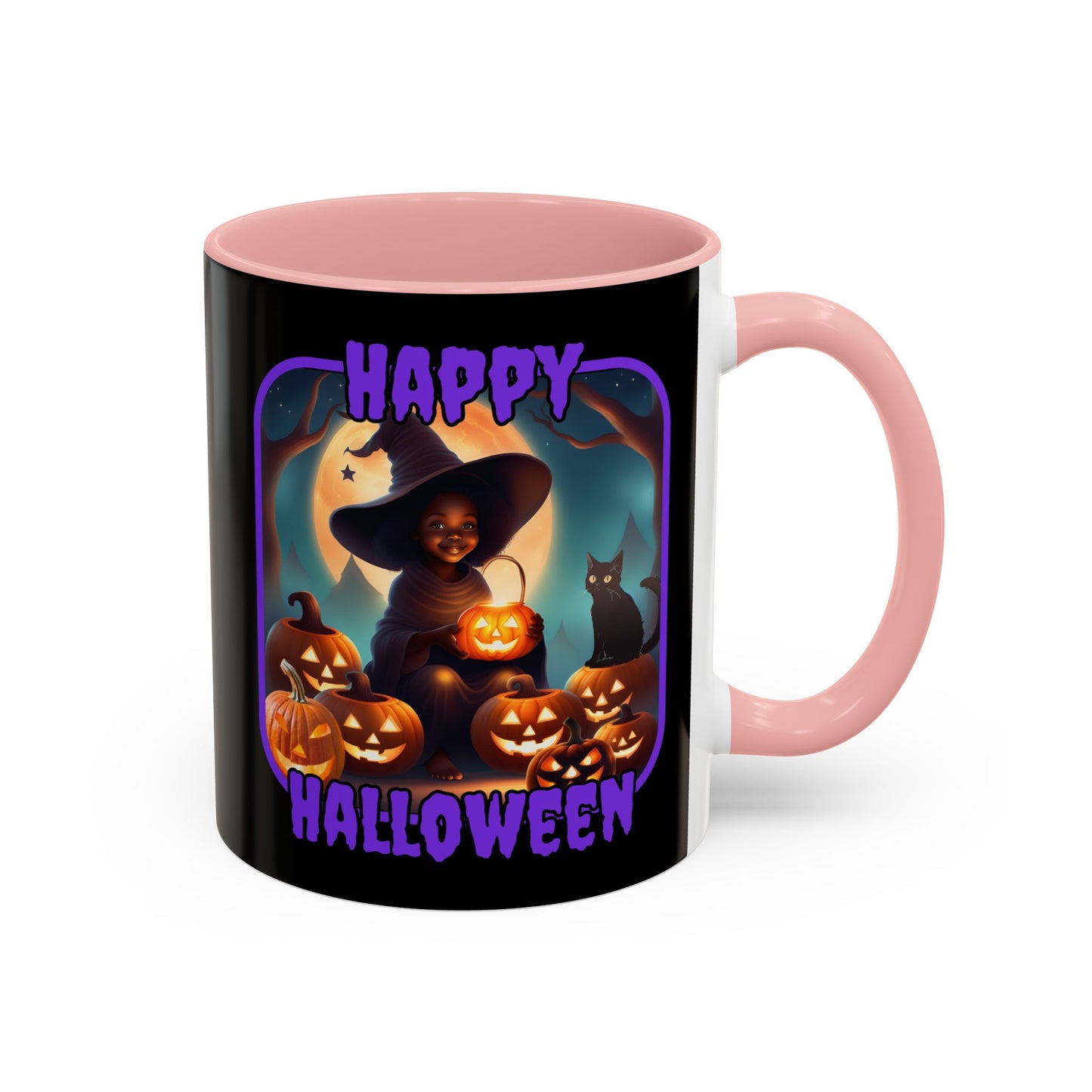 Happy Halloween Cute Witch Purple font Black Accent Mug by CreepyCrafts.boo