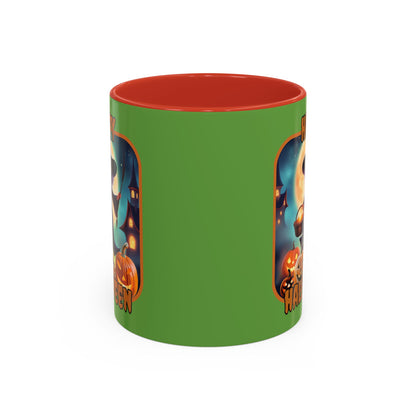 Happy Halloween Little Witch Orange font Green Accent Mug by CreepyCrafts.boo