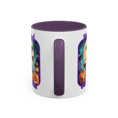 Blessed Samhain Little Witch Purple font White Accent Mug by CreepyCrafts.boo