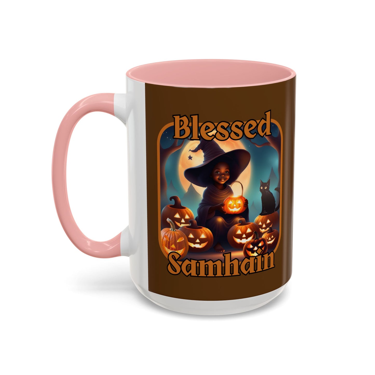 Blessed Samhain Cute Witch Orange font Brown Accent Mug by CreepyCrafts.boo