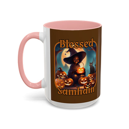 Blessed Samhain Cute Witch Orange font Brown Accent Mug by CreepyCrafts.boo