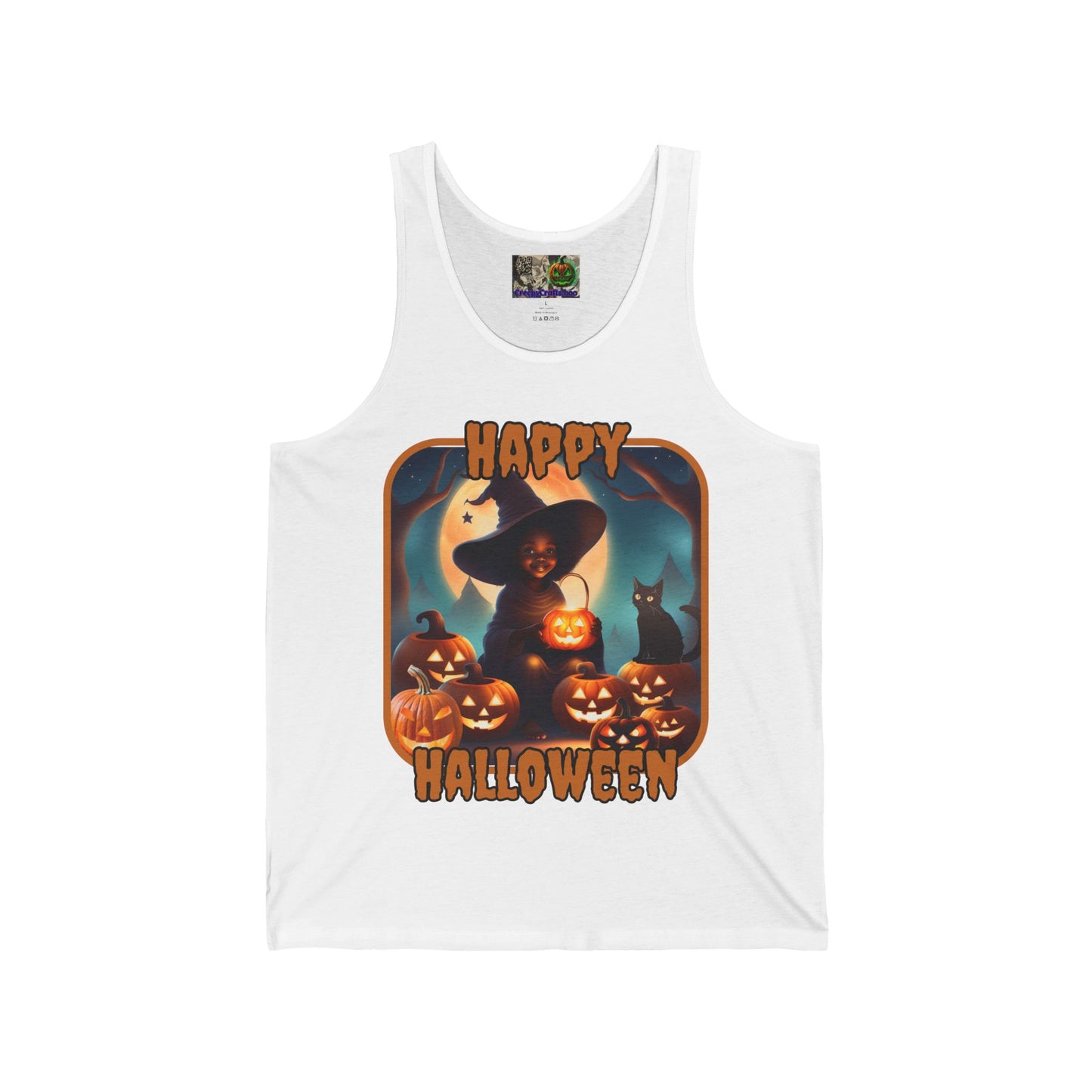 Happy Halloween Cute Witch Orange font Unisex Jersey Tank Top by CreepyCrafts.boo