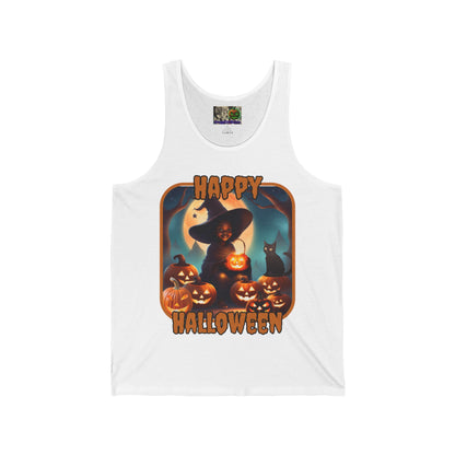 Happy Halloween Cute Witch Orange font Unisex Jersey Tank Top by CreepyCrafts.boo
