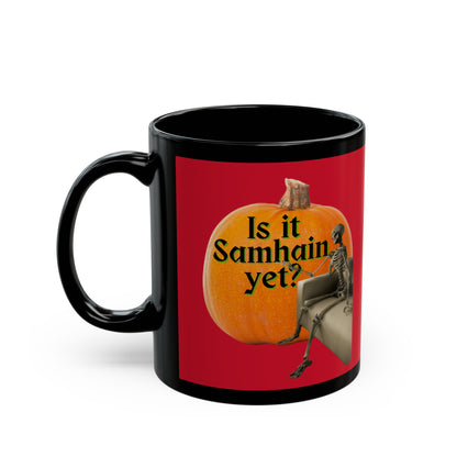 Is It Samhain Yet? Skeleton's Giant Pumpkin Red Mug by CreepyCrafts.boo