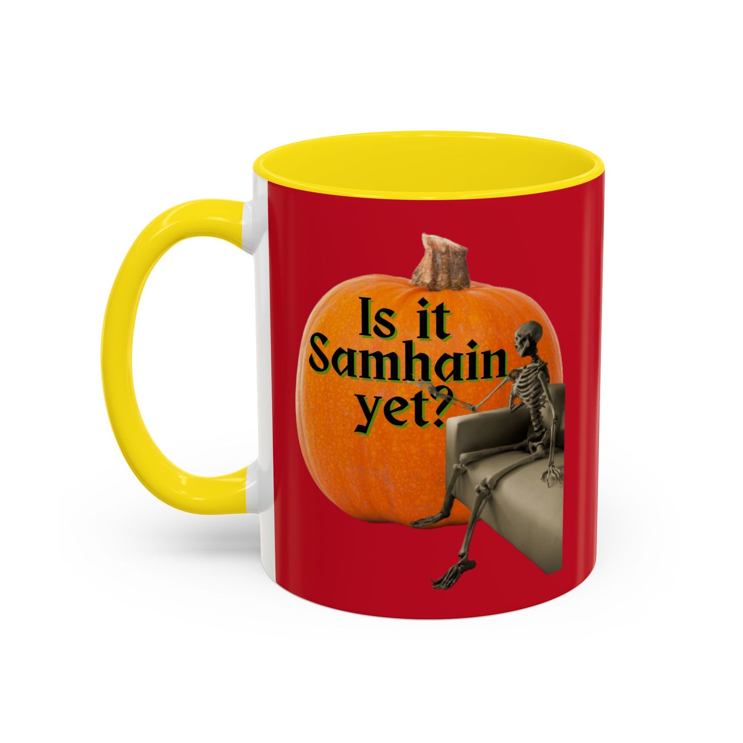 Is It Samhain Yet? Skeleton's Giant Pumpkin Red Accent Mug by CreepyCrafts.boo