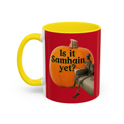 Is It Samhain Yet? Skeleton's Giant Pumpkin Red Accent Mug by CreepyCrafts.boo