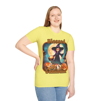 Blessed Samhain Little Witch Orange font Light colors Unisex T-Shirt by CreepyCrafts.boo
