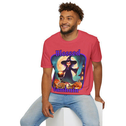 Blessed Samhain Little Witch Purple font Light colors Unisex T-Shirt by CreepyCrafts.boo