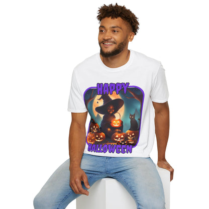 Happy Halloween Cute Witch Purple font Light colors Unisex T-Shirt by CreepyCrafts.boo