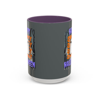 Spooky Happy Halloween Ghost Purple font Grey Accent Mug by CreepyCrafts.boo