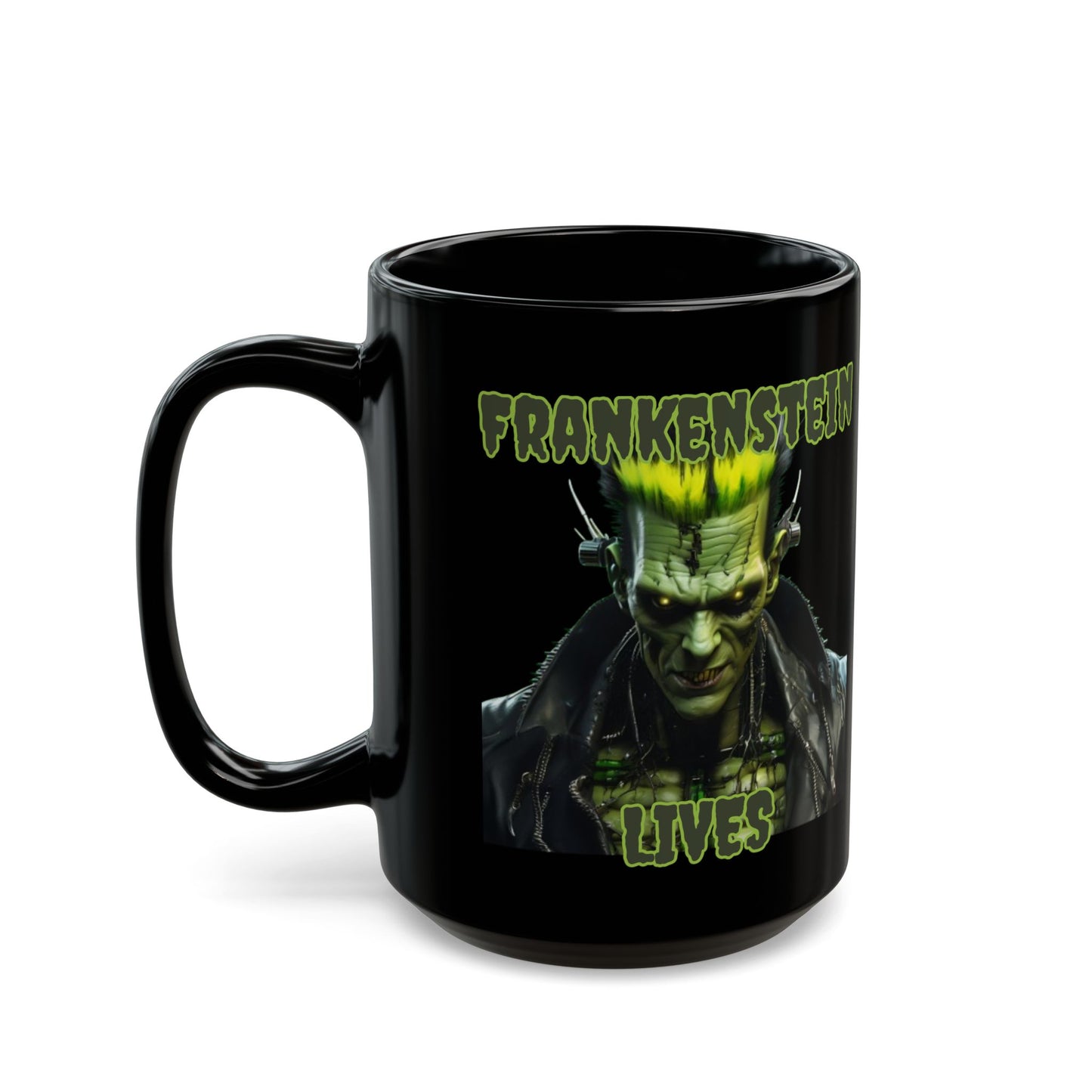 Frankenstein Lives Black Mug by CreepyCrafts.boo