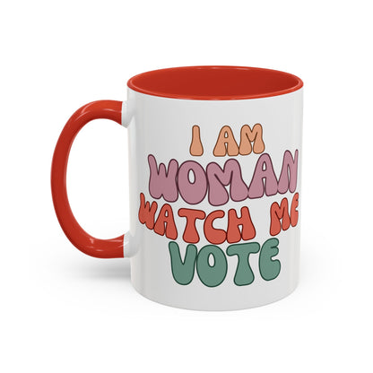 I Am Woman Watch Me Vote White Accent Mug by cypherpunkgear.com