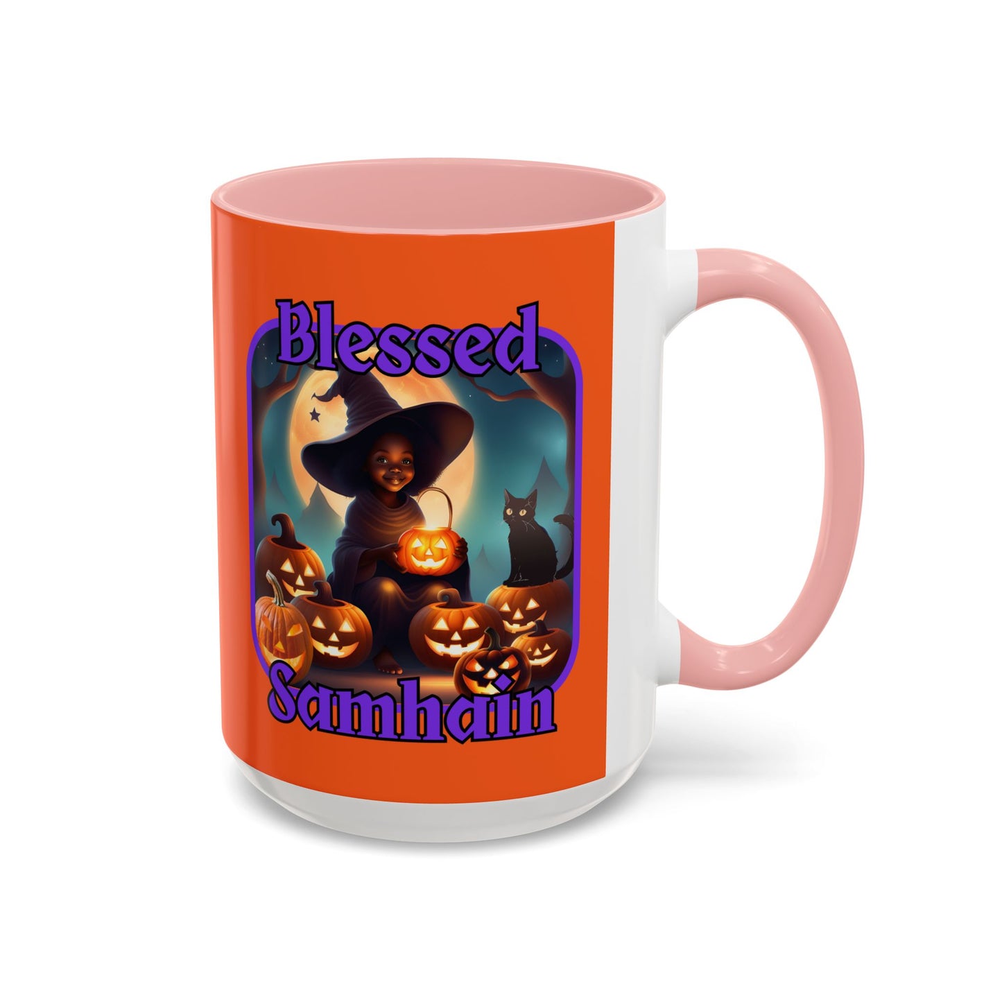 Blessed Samhain Cute Witch Purple font Orange Accent Mug by CreepyCrafts.boo