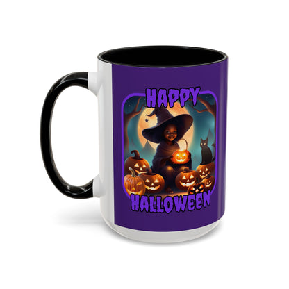 Happy Halloween Cute Witch Purple font Purple Accent Mug by CreepyCrafts.boo