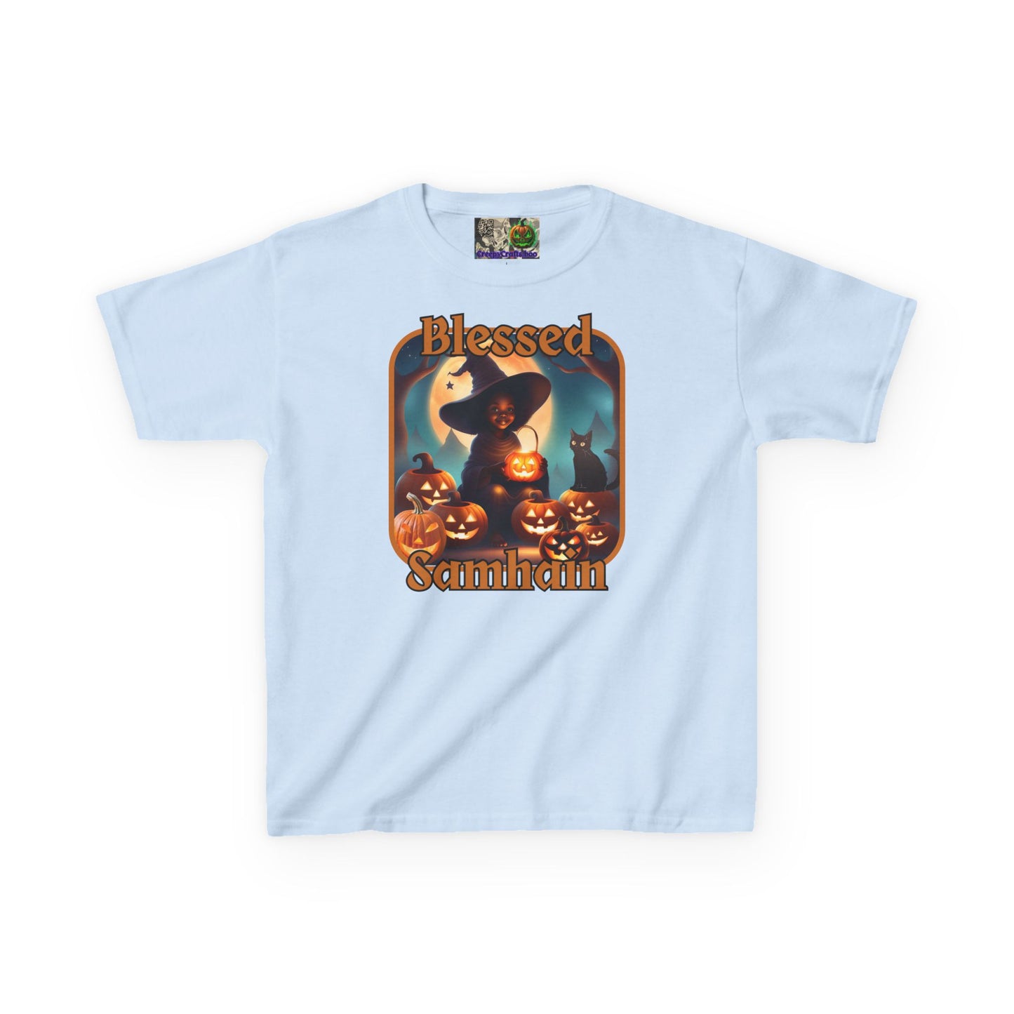 Blessed Samhain Cute Witch Orange font Kids Heavy Cotton™ Tee by CreepyCrafts.boo