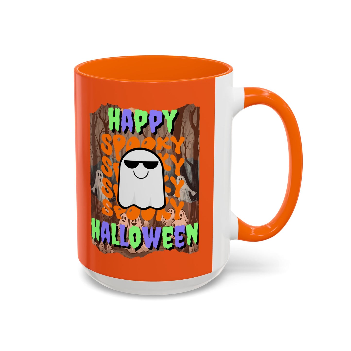 Spooky Happy Halloween Ghost Mixed font Orange Accent Mug by CreepyCrafts.boo