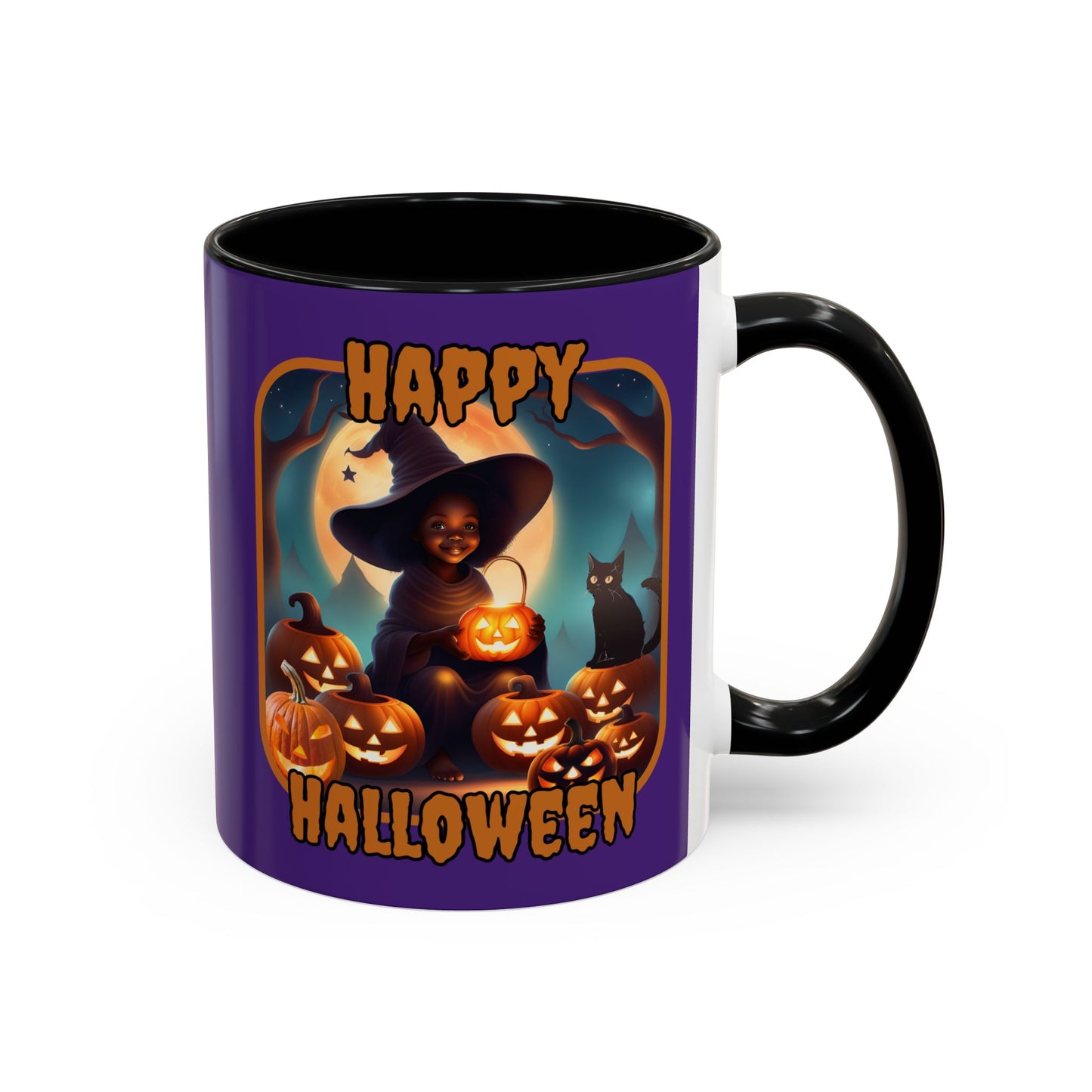Happy Halloween Cute Witch Orange font Purple Accent Mug by CreepyCrafts.boo