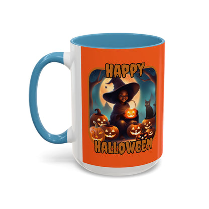 Happy Halloween Cute Witch Orange font Orange Accent Mug by CreepyCrafts.boo