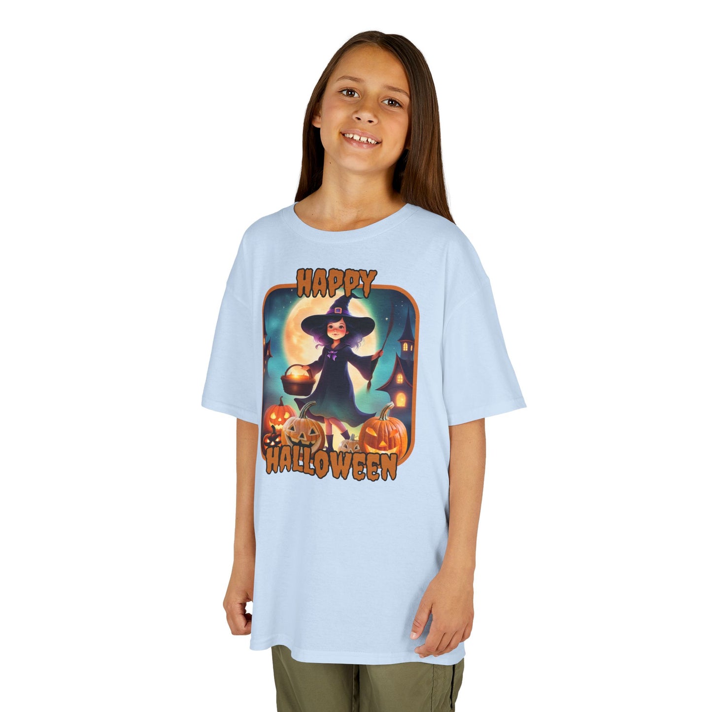 Happy Halloween Little Witch Orange font Kids Heavy Cotton™ Tee by CreepyCrafts.boo