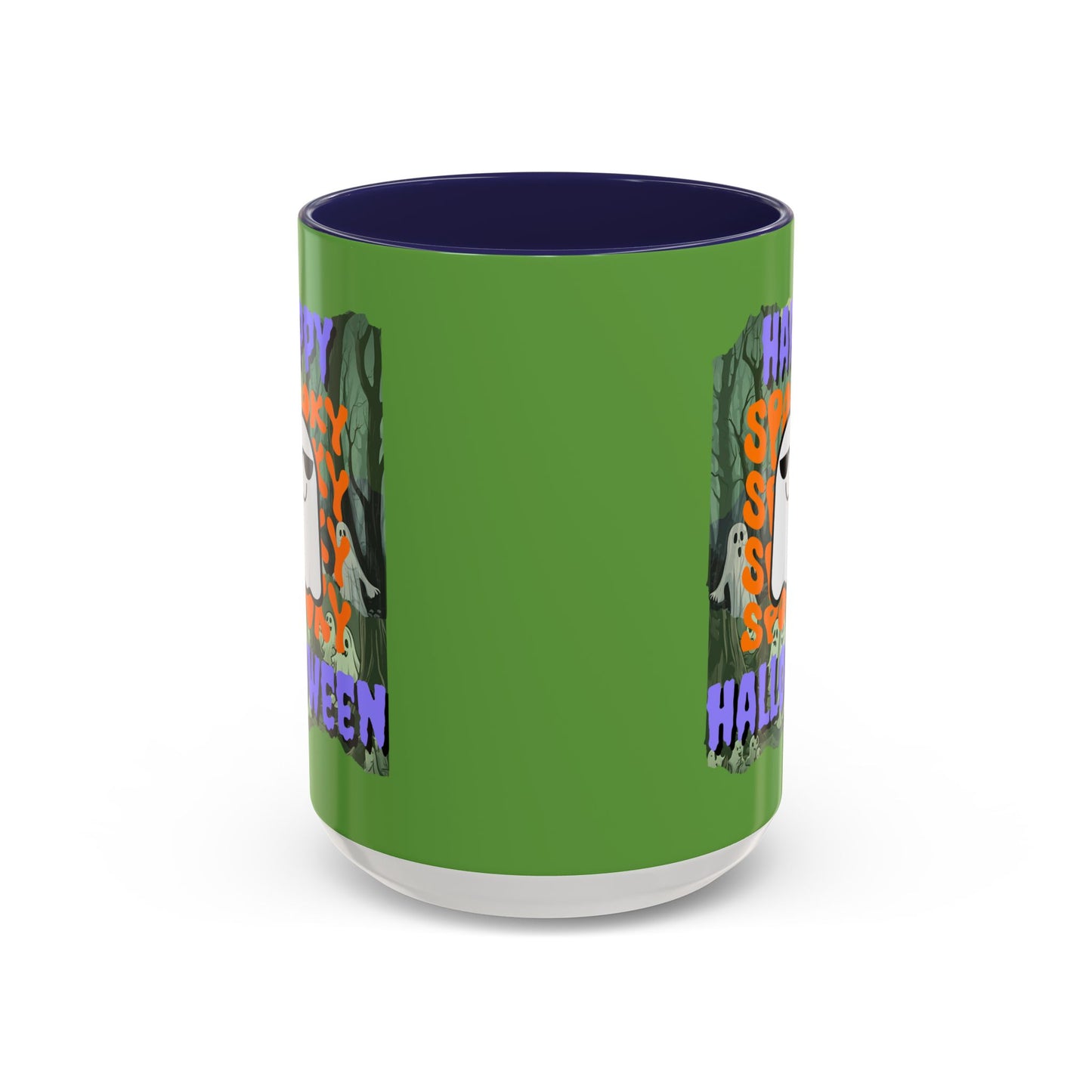 Spooky Happy Halloween Ghost Purple font Green Accent Mug by CreepyCrafts.boo