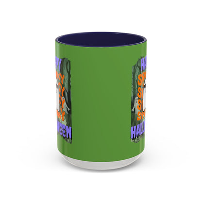 Spooky Happy Halloween Ghost Purple font Green Accent Mug by CreepyCrafts.boo