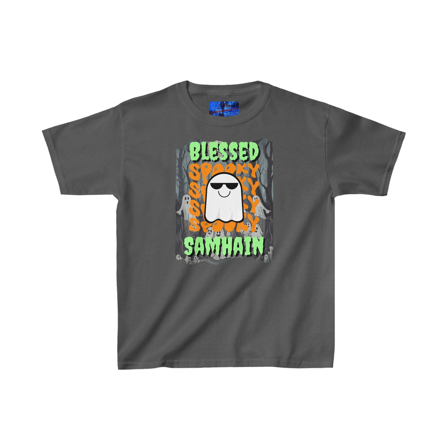 Spooky Blessed Samhain Ghost GNfont Kids Heavy Cotton™ Tee by cypherpunkgear