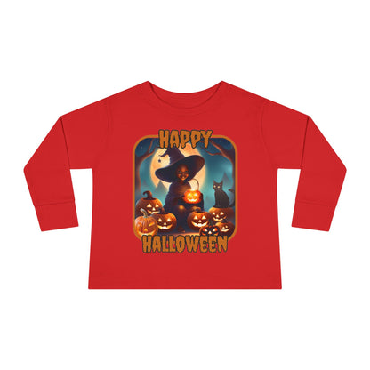 Happy Halloween Cute Witch Orange font Toddler Long Sleeve Tee by CreepyCrafts.boo
